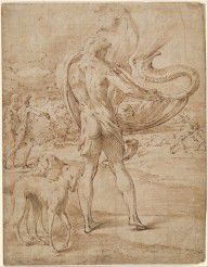 Parmigianino Huntsmen sounding his horn with a staghunt in the distance 